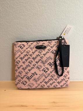 Ed Hardy Pink Logo Print Wristlet Clutch Bag New with Tags